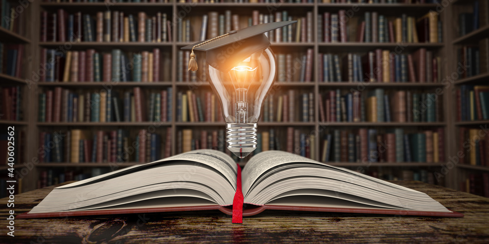Poster education, knowledge and innovation concept background. light bulb with mortar board on open book in