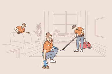 People working as cleaners in service concept. Group pf people workers cleaners tiding up apartment room making cleaning in uniform vector illustration 