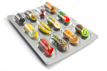 Multivitamins and dietary natural supplements for a healthy diet. Fruits in pills on blister pack. - obrazy, fototapety, plakaty