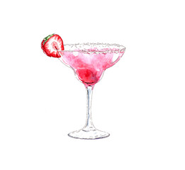 Strawberry daiquiri cocktail watercolor illustration