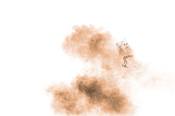 Freeze motion of brown powder exploding. Abstract design of brown dust cloud against white...