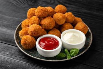 Meat free vegetarian mini picnic scotch eggs with micoprotein and herbs served with ketchup and mayonnaise