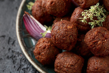 Vegetarian vegan meatballs ready to eat in plate