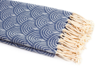 Blue Peshtemal Turkish towel folded colorful textile for spa, beach, pool, light travel, healthy fashion and gifts. Traditional turkish bath material, scarf
