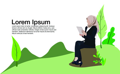 Vector illustration of young hijab woman sitting at park with mobile phone - 440605734