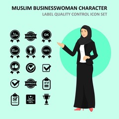 muslim woman character with quality control icons black set, mono vector symbols. vector set