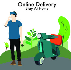 Vector illustration Concept of Online delivery package by scooter or motocycle  on mobile phone application - 440605923