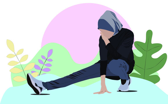 Vector Illustration Concept Of Healthy Lifestyle, Young Hijab Woman Workout Exercise At Park