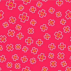 Obraz premium Line Heart with a cross icon isolated seamless pattern on red background. First aid. Healthcare, medical and pharmacy sign. Vector