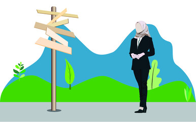 Vector illustration concept of challenge, young business woman in front of multiple  choice signboard