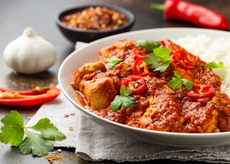 Spicy Chicken Pathia curry with basmati rice in a white plate. healthy food.