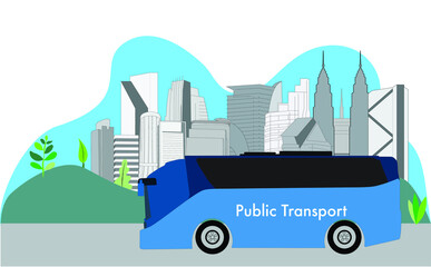 vector illustration of public transport standing on road against cityscape background - 440606302