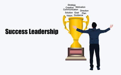 Vector illustration concept of Business leadership success, Happy young workers in suit with golden cup  - 440606353