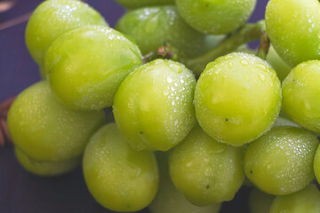 Closeup Green peel with water drops around of Korean grapes put on background,