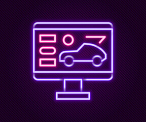 Glowing neon line Hardware diagnostics condition of car icon isolated on black background. Car service and repair parts. Colorful outline concept. Vector