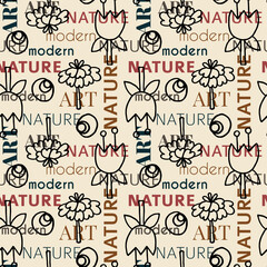 seamless repeating pattern with floral elements and modern, nature, art lettering. vector illustration.