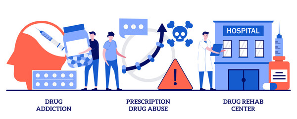 Fototapeta na wymiar Drug addiction and rehab center, prescription medication abuse concept with tiny people. Drug monitoring abstract vector illustration set. Overdose, therapy clinic, ankle bracelet, detox metaphor