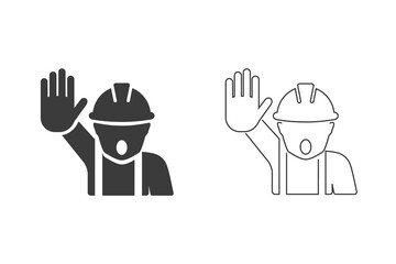 No trespassing sign icon set. Construction worker with outstretched hand showing stop gesture warning vector symbol - obrazy, fototapety, plakaty