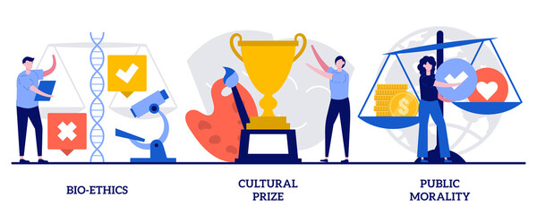 Bioethics, cultural prize, public morality concept with tiny people. Human and nature problems abstract vector illustration set. Philosophy and life science, ethical and medical issues metaphor