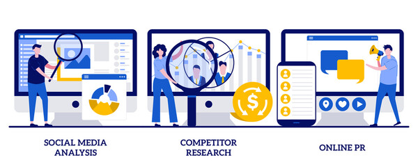 Social media analysis, competitor research, online PR concept with tiny people. Product advertising strategy development vector illustration set. SMM analytics, audience segmentation metaphor - obrazy, fototapety, plakaty