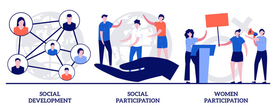 Social Development And Participation, Women Participation Concept With Tiny People. Norms Of Behaviour Vector Illustration Set. Social Engagement, Community Involvement, Social Group Metaphor