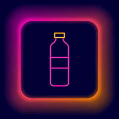 Glowing neon line Bottle of water icon isolated on black background. Soda aqua drink sign. Colorful outline concept. Vector
