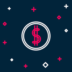 Line Coin money with dollar symbol icon isolated on blue background. Banking currency sign. Cash symbol. Colorful outline concept. Vector