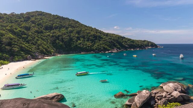 Tropical islands time lapse at Similan Islands with ocean blue sea water and white sand beach, Phang Nga Thailand nature landscape timelapse
