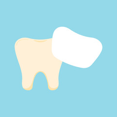 Tooth with venner dental icon isolated on blue background. Tooth veneer for aestetic crown reconstruction. Vector flat design cartoon style dentistry clip art illustration. 