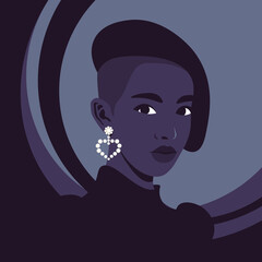 Portrait of a fashion African woman in half-turn with with the earring. Avatar for social networks. Vector illustration in flat style.