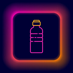Glowing neon line Bottle of water icon isolated on black background. Soda aqua drink sign. Colorful outline concept. Vector