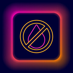 Glowing neon line Water drop forbidden icon isolated on black background. No water sign. Colorful outline concept. Vector