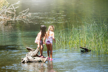 childrens in the lake at summer