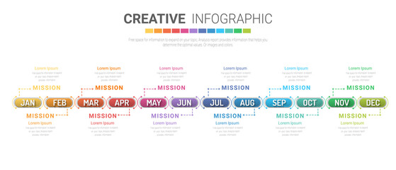 Timeline for 1 year, 12 months, infographics all month planner design and Presentation business can be used for Business concept with 12 options, steps or processes. 