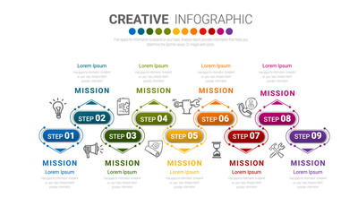 Presentation business infographic template, Abstract infographics number options template with 9 steps. Vector illustration.