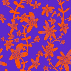 Red, orange floral seamless pattern. Tropical exotic flowers on a violet background. Botanical endless background. Floral pattern for textiles, fabrics, packaging, once.