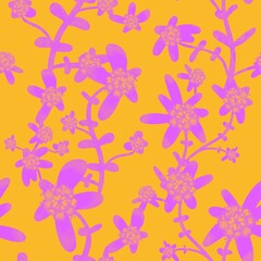Fototapeta na wymiar Pink floral seamless pattern. Tropical exotic flowers on a yellow background. Botanical endless background. Floral pattern for textiles, fabrics, packaging, once.