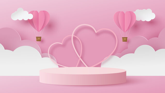 Happy valentines day banner with podium platform. Heart balloons with couple joyful and podium to show product for festival love. Paper cut and craft style illustration