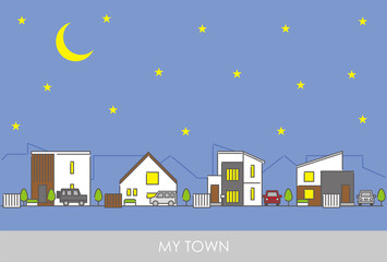 夜間の郊外の住宅街をイメージした街並みのイラスト素材