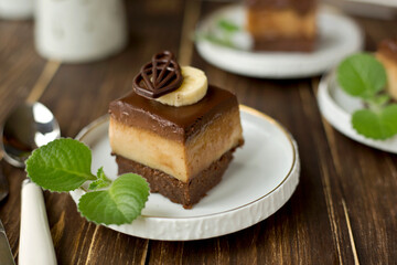 Delicious banana cake. Healthy cake with dark chocolate, Cake without baking.