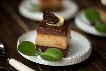 Delicious banana cake. Healthy cake with dark chocolate, Cake without baking.