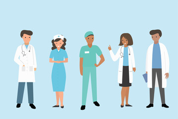 Illustration of doctors and nurses characters. Medical staff, doctors and nurses, group of medics. 
