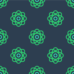 Line Atom icon isolated seamless pattern on blue background. Symbol of science, education, nuclear physics, scientific research. Vector