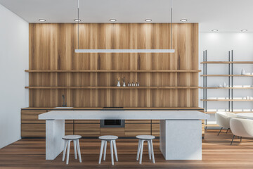 Light wooden kitchen interior with chairs and cutting table on wooden floor