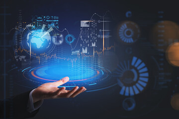 Man hand holding a digital hologram, hud with globe and financial data