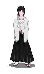 Smart Japanese swordsman or Samurai holding Japan sword called Katana dress in Kimono Hakama pant drawing in cartoon vector