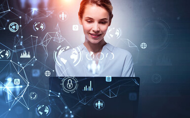 Smiling attractive businesswoman with laptop, blue glowing information protection icons. Padlock and business data symbols. Concept of cyber security and data storage