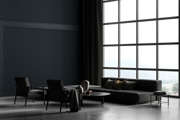 Copy space mockup wall in villa living room design interior, grey furniture on gray blue wall, concrete floor, armchair, couch with lamp. Concept of relax. Panoramic window.