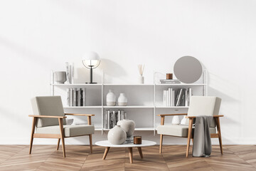 Fototapeta na wymiar White living room interior with bookshelves and two armchairs