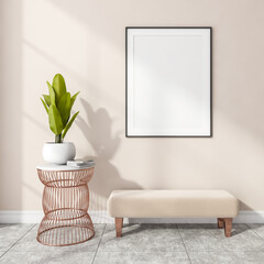 Stylish modern office interior, entrance room, gallery or museum with design ottoman, white mock up framed poster, tile ceramic floor, beige wall. No people.